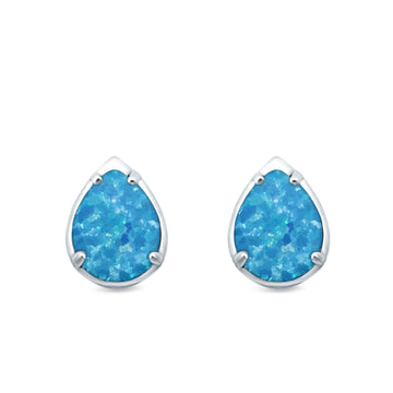 Solitaire Teardrop Pear Stud Earrings Lab Created Blue Opal 925 Sterling Silver
